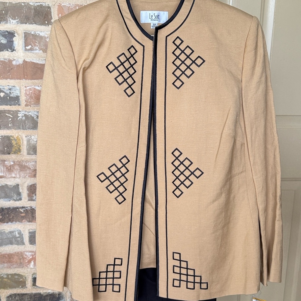 NWT Le Suit 3Pc Suit Elegant Tan Linen Blend Jacket Tank & Pants Sz 16W - Picture 16 of 16